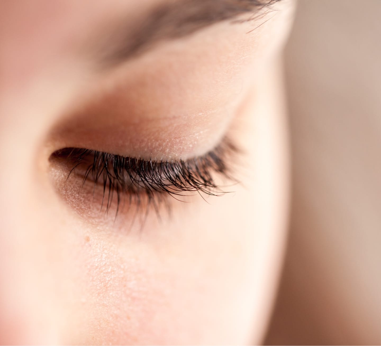 Closeup of a woman's eyelid, highlighting her eyelashes